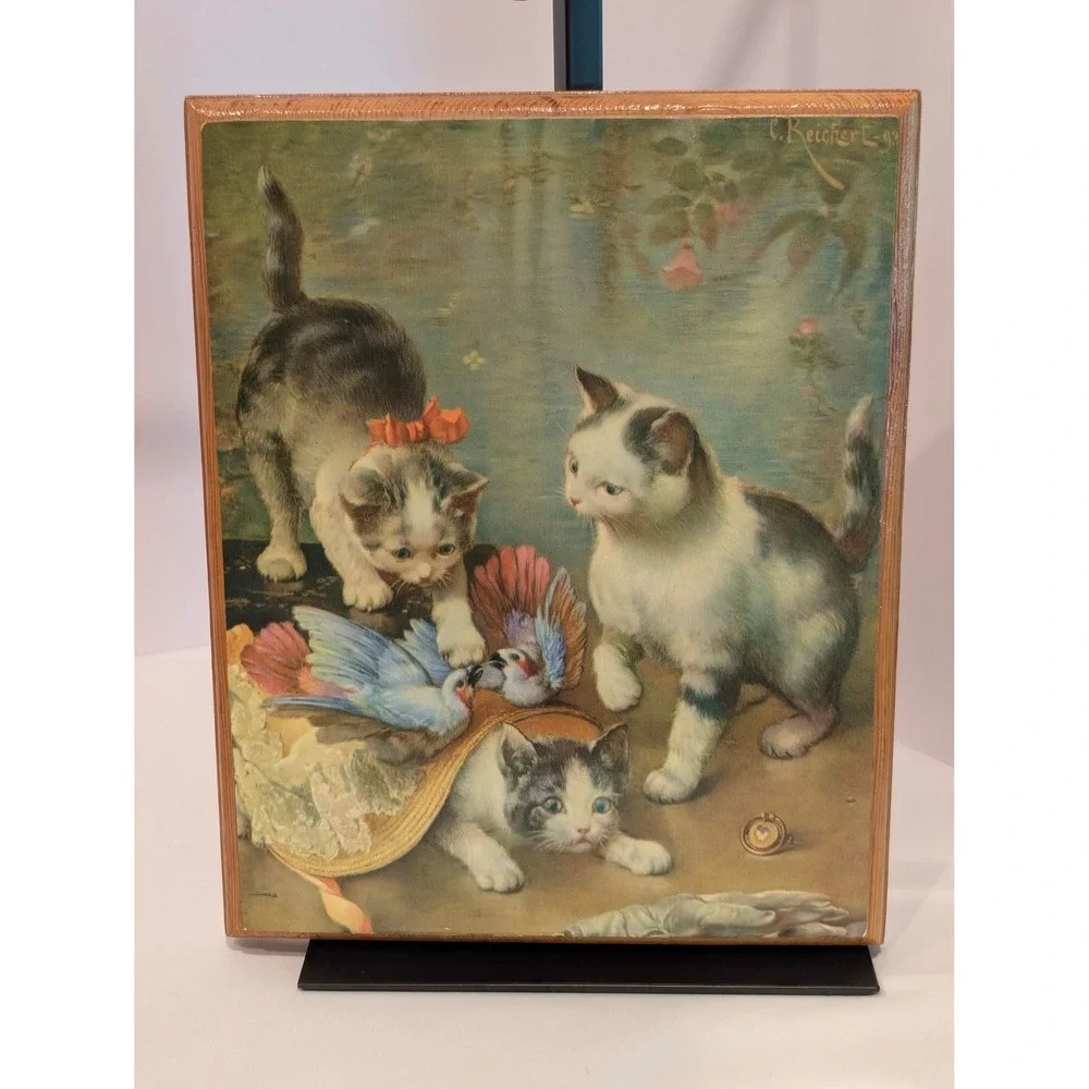 Vintage C Reichert Kittens and Birds Wood Plaque Wall Art 1976 Decoupage